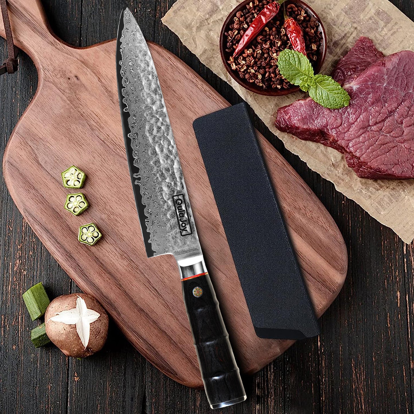 Qulajoy Japanese Chef Knife 8 Inch,67 Layers Damascus VG-10 Steel Core,Professional Hammered Kitchen Knife,Handcrafted With Ergonomic Bamboo Shape Handle